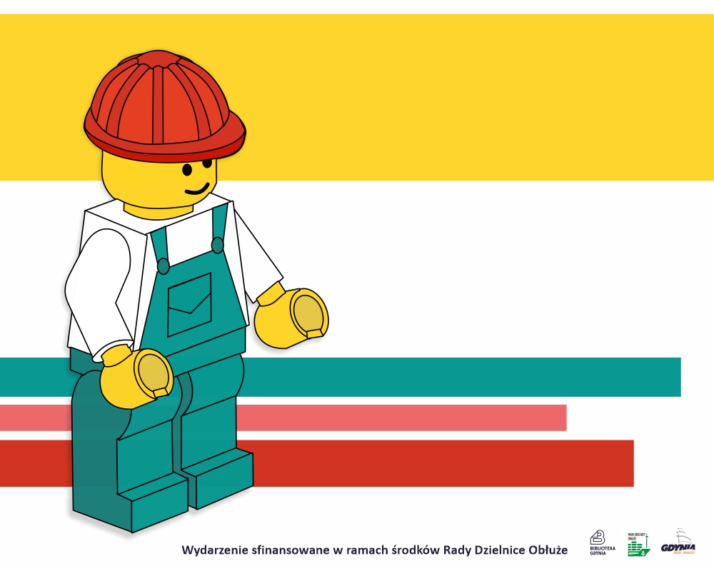 Ludzik Lego w zielonych ogrodniczkach i z czerwonym kaskiem budowlanym na głowie.