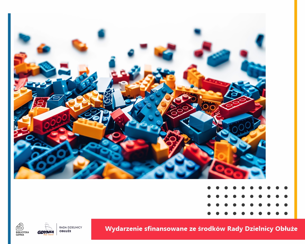 Na białym tle rozsypane klocki LEGO