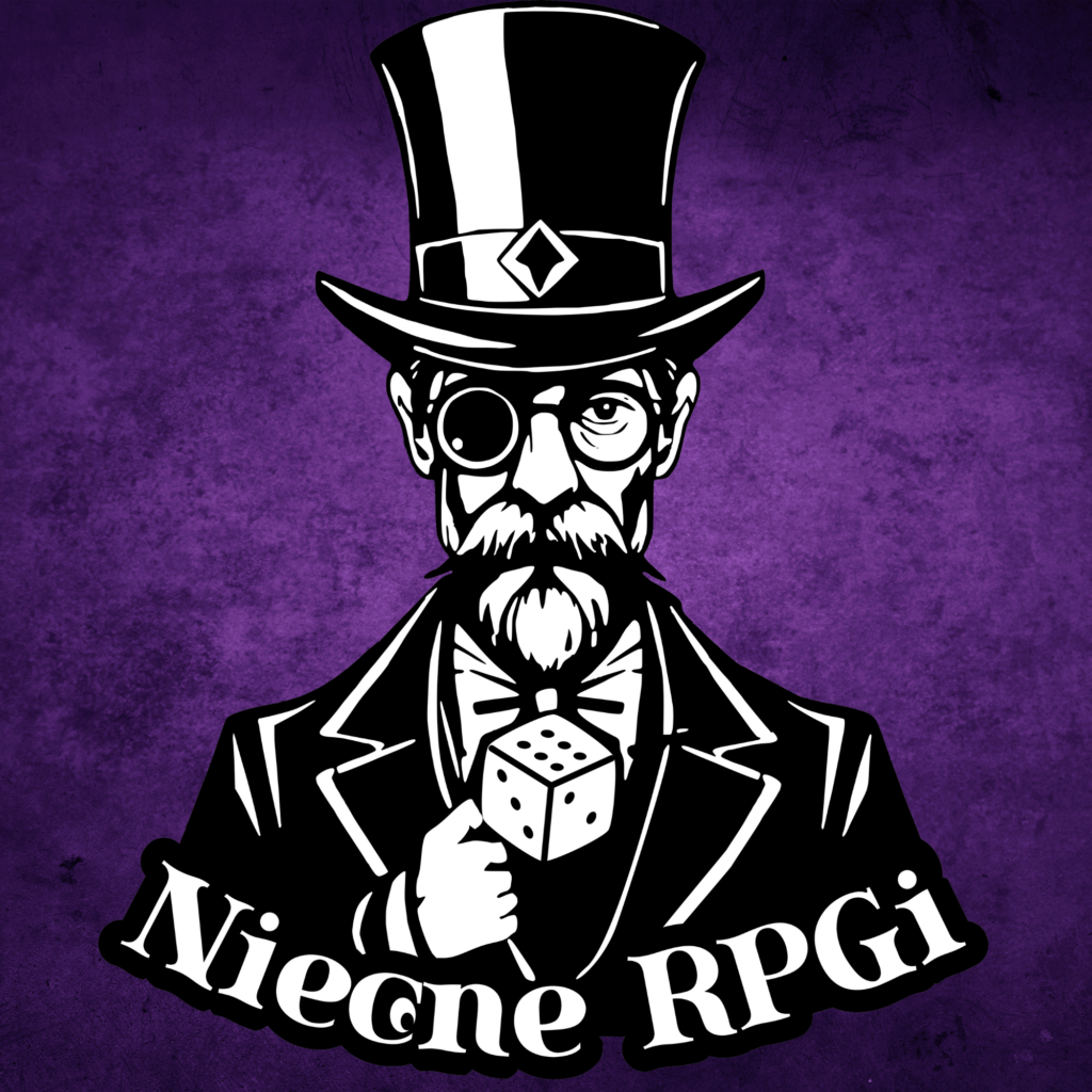 Logo grupy Niecne RPGi. Na fioletowym tle rysunkowy, starszy mężczyzna z brodą w cylindrze podrzucający kostkę do gry