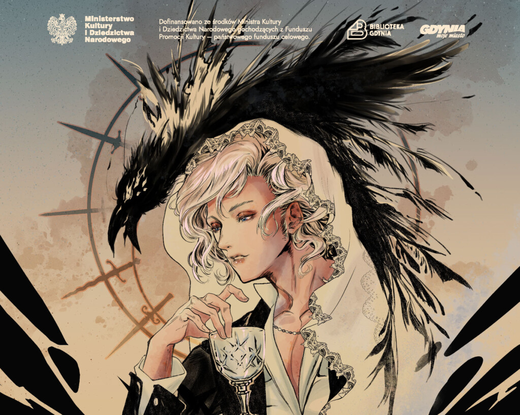Ilustracja przedstawia młodego mężczyznę w welonie, trzymającego kielich. Nad nim unosi się cień przypominający kruka.