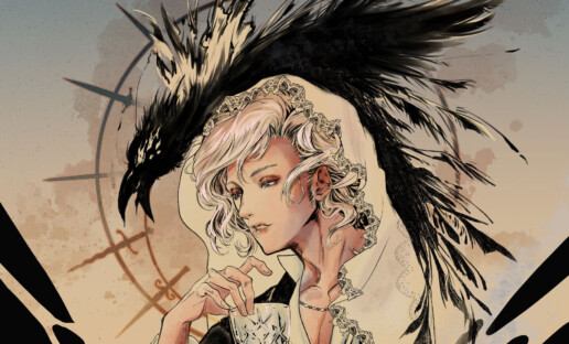 Ilustracja przedstawia młodego mężczyznę w welonie, trzymającego kielich. Nad nim unosi się cień przypominający kruka.