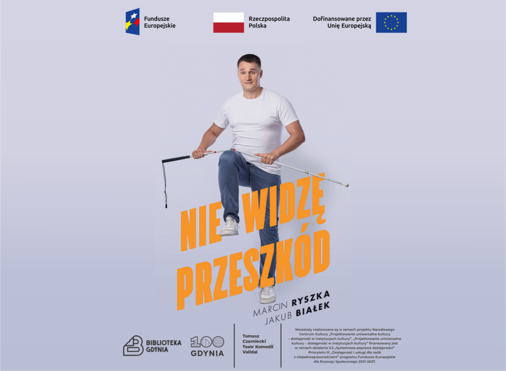 Marcin Ryszka robiący duży krok. W dłoniach trzyma laskę dla niewidomych