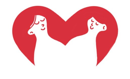 Rysunkowa grafika w białej i czerwonej kolorystyce - dwie kobiety ze spokojnym wyrazem twarzy. Ich bujne włosy tworzą będące za nimi serce.