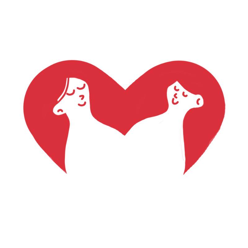 Rysunkowa grafika w białej i czerwonej kolorystyce - dwie kobiety ze spokojnym wyrazem twarzy. Ich bujne włosy tworzą będące za nimi serce.