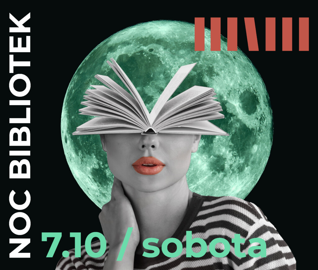 Kobieta, która zamiast górnej połowy głowy ma otwartą książkę. Za nią widać zielony księżyc.