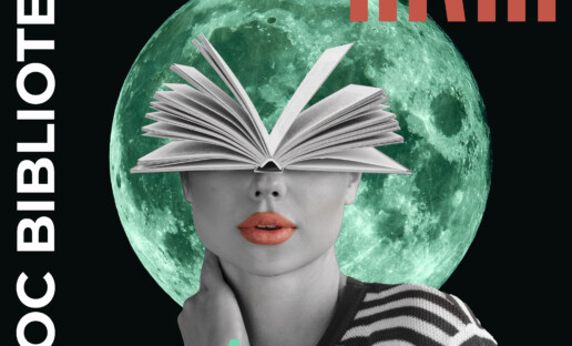 Kobieta, która zamiast górnej połowy głowy ma otwartą książkę. Za nią widać zielony księżyc.