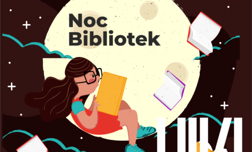 Dziewczynka czytająca książkę. Siedząca na księżycu. Otaczają ją gwieździste niebo i latające wokół niej otwarte książki.