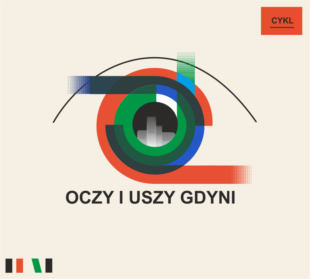 Na beżowym tle kolorowe oko, w którego źrenicy widać budynki miejskie. Pod nim napis: "Oczy i uszy Gdyni"