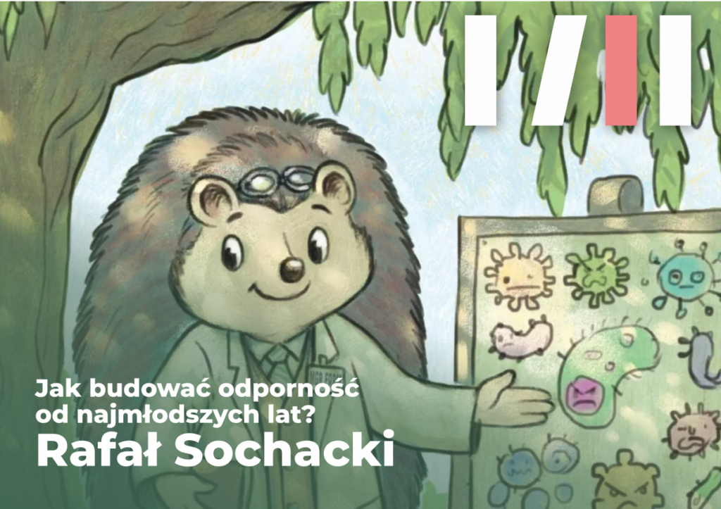 Ilustrowany jeżyk-naukowiec, wskazujący na tablicę z rysunkami mikrobów