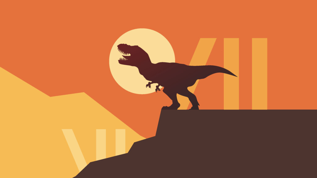 Ryczący Tyranozaur na tle zachodzącego słońca