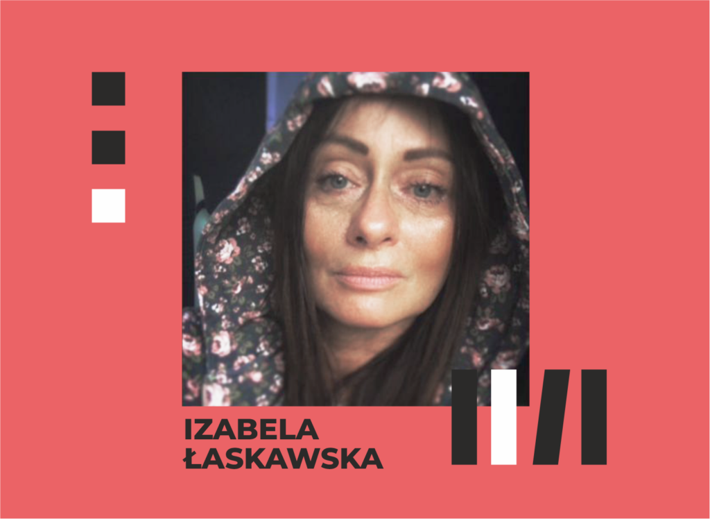 Zdjęcie Izabeli Łaskawskiej na ciemnoróżowym tle, podpisane nazwiskiem autorki.