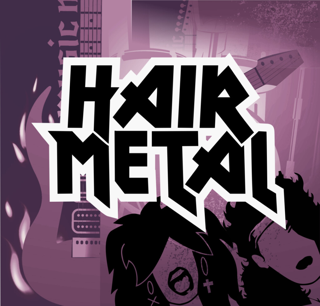 Na fioletowym tle czarnobiały napis "Hair Metal". Z tyłu widać sylwetki muzyków rockowych oraz gitary