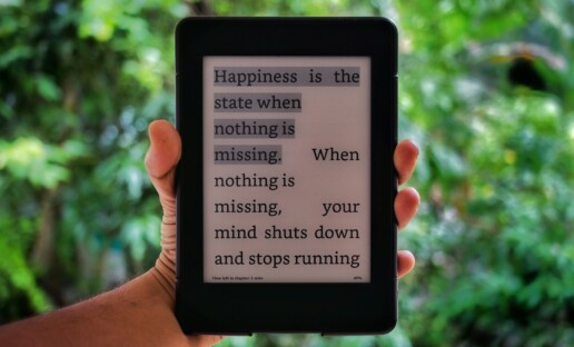 Trzymany w dłoni czytnik ebooków. W tle bujna roślinność.