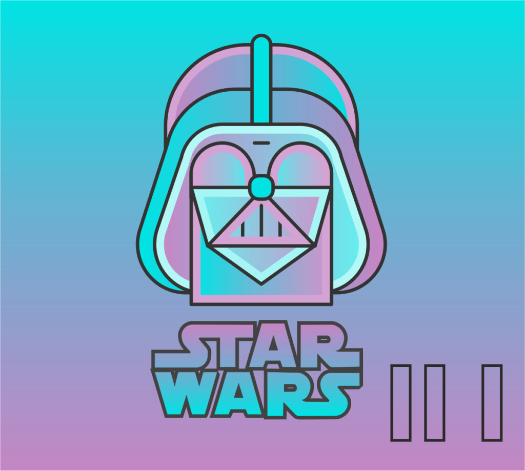 Grafika w niebiesko-fioletowej kolorystyce. Głowa Dartha Vadera, postaci z serii filmowej "Gwiezdne Wojny". Pod nią, na dole, napis: "Star Wars".