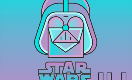 Grafika w niebiesko-fioletowej kolorystyce. Głowa Dartha Vadera, postaci z serii filmowej "Gwiezdne Wojny". Pod nią, na dole, napis: "Star Wars".