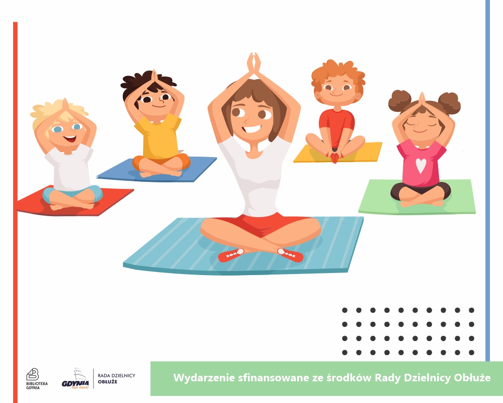 Ilustracje z dziećmi siedzącymi na matach wokół instruktorki, wszyscy mają ręce uniesione nad głowami ze stykającymi się dłońmi..