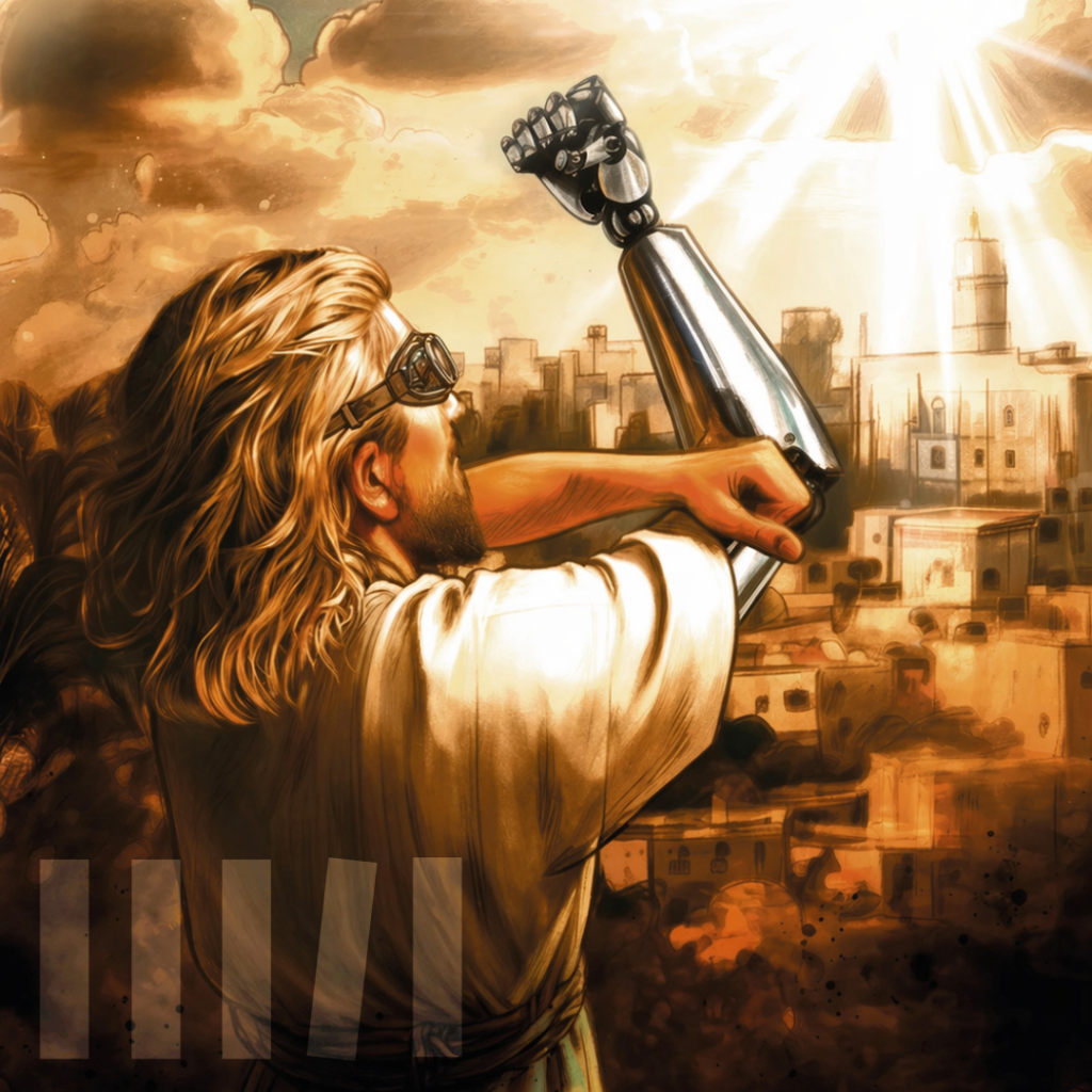 mężczyzna z długimi włosami i sztuczną prawą ręką