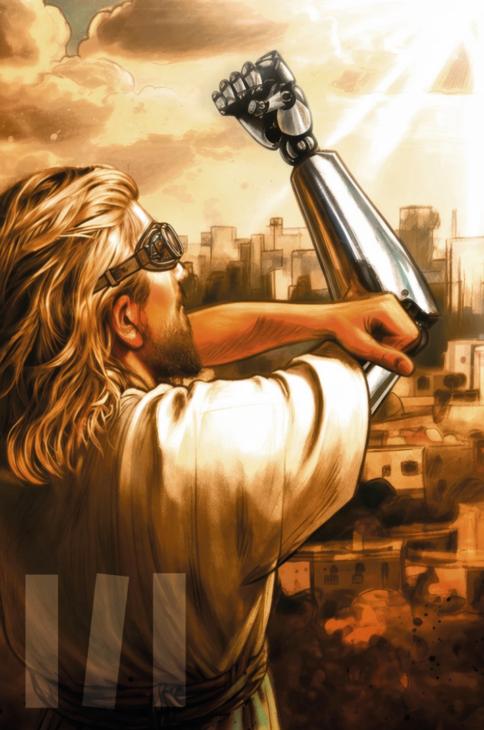 mężczyzna z długimi włosami i sztuczną prawą ręką