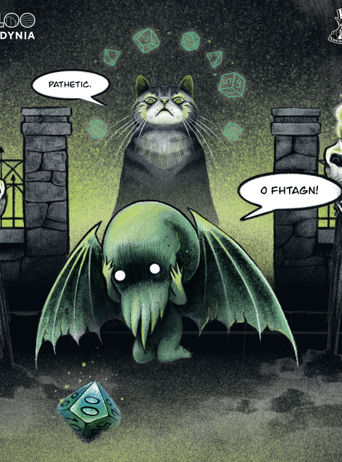 Mały Cthulhu łapie się za głowę, a za nim groźny duży kot patrzy na niego z pogardą