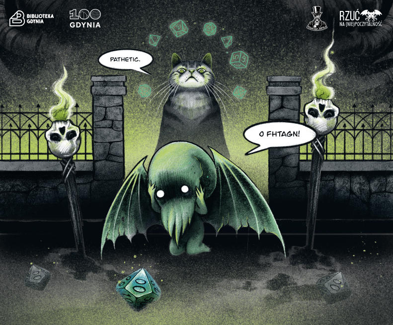Mały Cthulhu łapie się za głowę, a za nim groźny duży kot patrzy na niego z pogardą