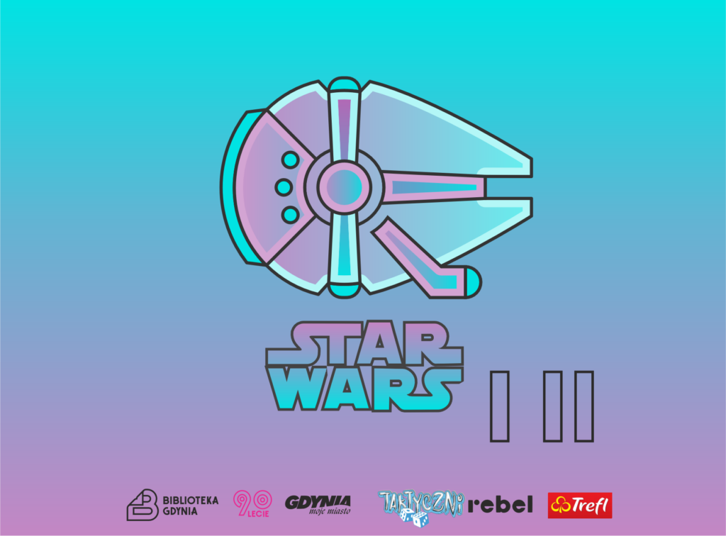 Ilustrowany Sokół Milenium z logiem Star Wars pod spodem oraz logotypami Biblioteki, Gdyni, Taktycznych, Rebela i Trefla.