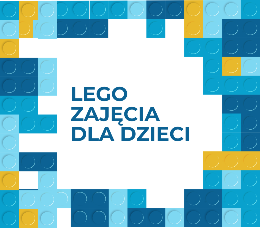 Na białym tle napis: "LEGO. Zajęcia dla dzieci". Dookoła klocki w różnych kolorach