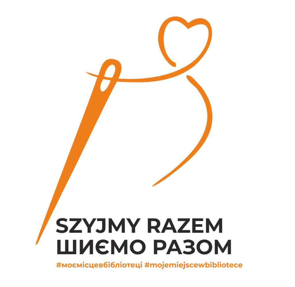 Pomarańczowe igła i nitka na białym tle. Na dole napis "Szyjmy razem" w języku polskim i ukraińskim