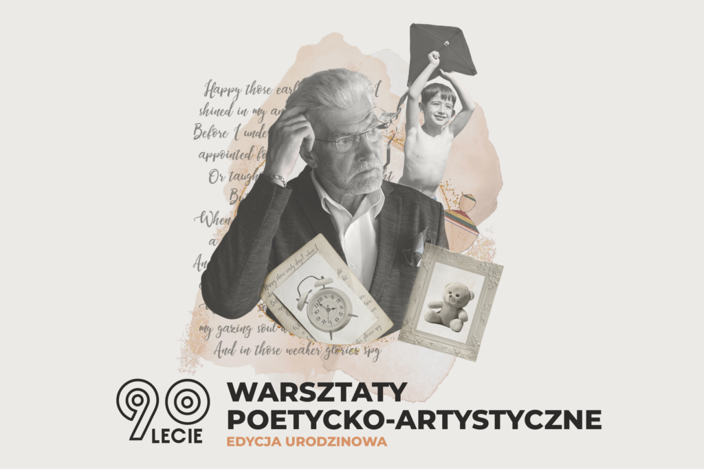 Kolaż artystyczny: starszy człowiek, chłopiec, książka, dwa obrazki i fragment anglojęzycznego wiersza w tle.
