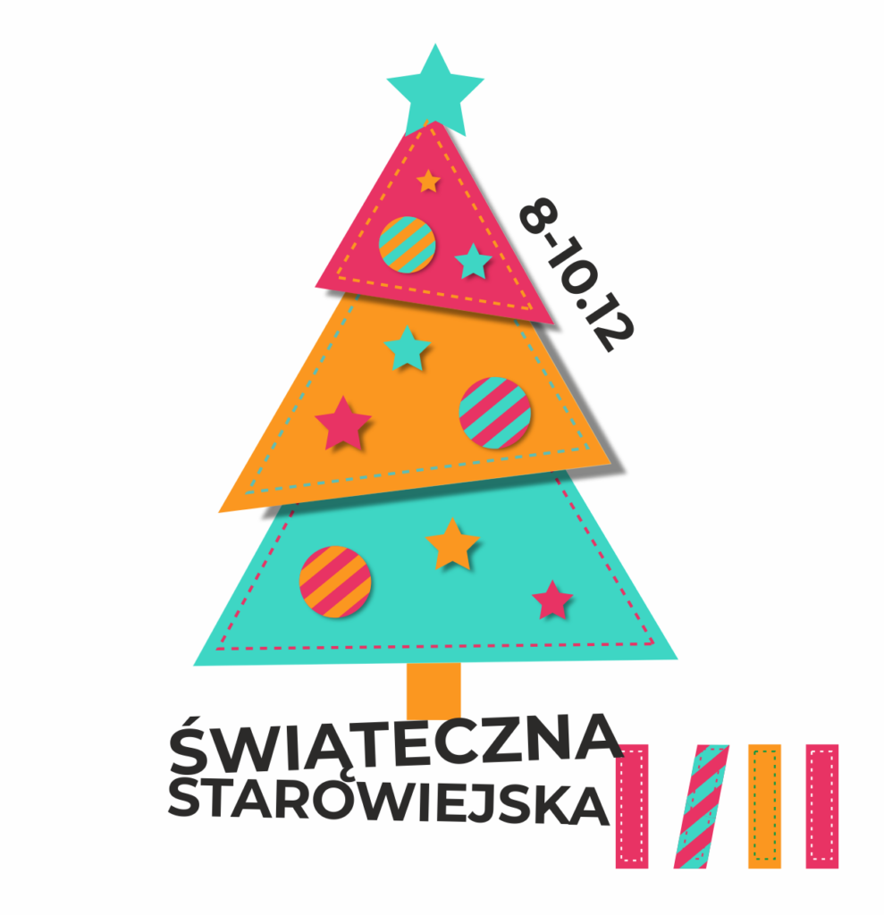 Grafika przedstawiająca kolorową choinkę, wykonaną z przyozdobionych kawałków materiału. Po prawej stronie data: od 8 do 12 grudnia. Na dole napis: "Świąteczna Starowiejska"