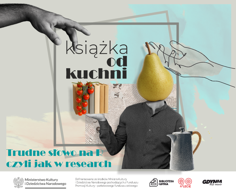 Człowiek z gruszką zamiast głowy, trzyma książki, na których wisi kiść pomidorów.