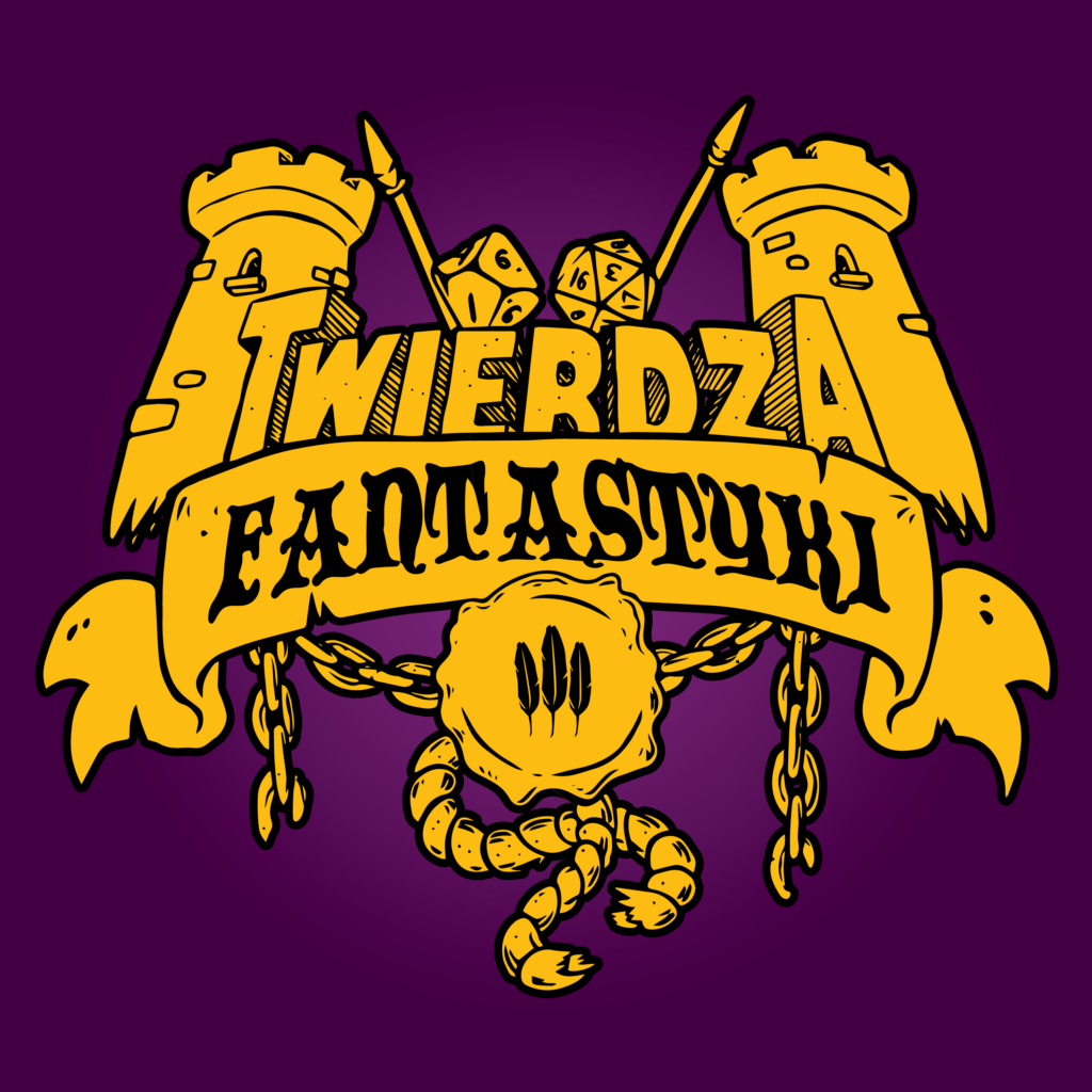 Logo Twierdzy Fantastyki - na fioletowym tle złota twierdza, z której wystają dwie wieże. W środku napis "Twierdza Fantastyki". Nad napisem dwie złote kostki do RPG