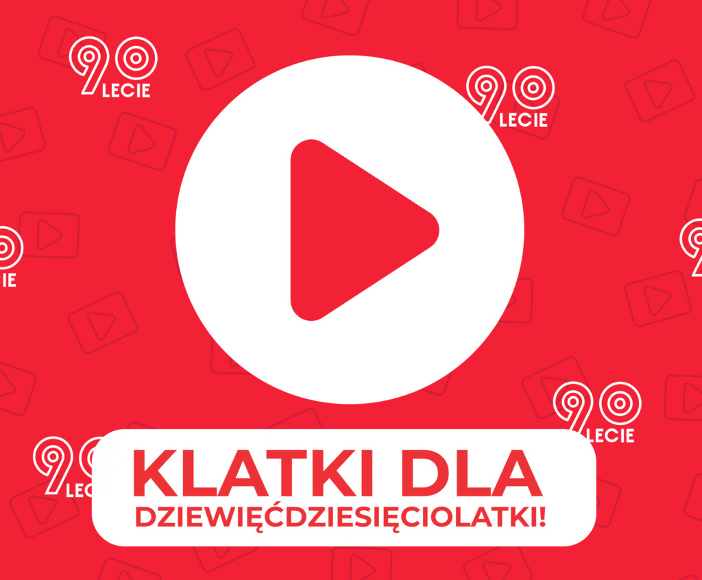 Ilustracja z dużym znakiem play na środku i napisem pod spodem: Klatki dla dziewięćdziesięciolatki!