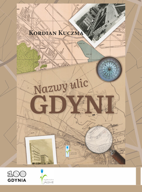 Okładka książki "Nazwy ulic Gdyni" na tle mapy miasta.