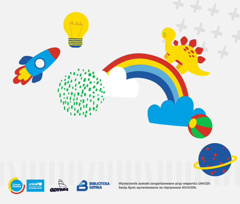 Kolorowa grafika, na której widnieją rysunkowe: rakieta, żarówka, dinozaur stojący na tęczy, piłka, planeta.