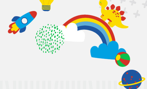 Ilustracja przedstawia rysunkowy kolaż: rakietę, tęczę, dinozaura, planetę, piłkę, chmurkę i żarówkę.