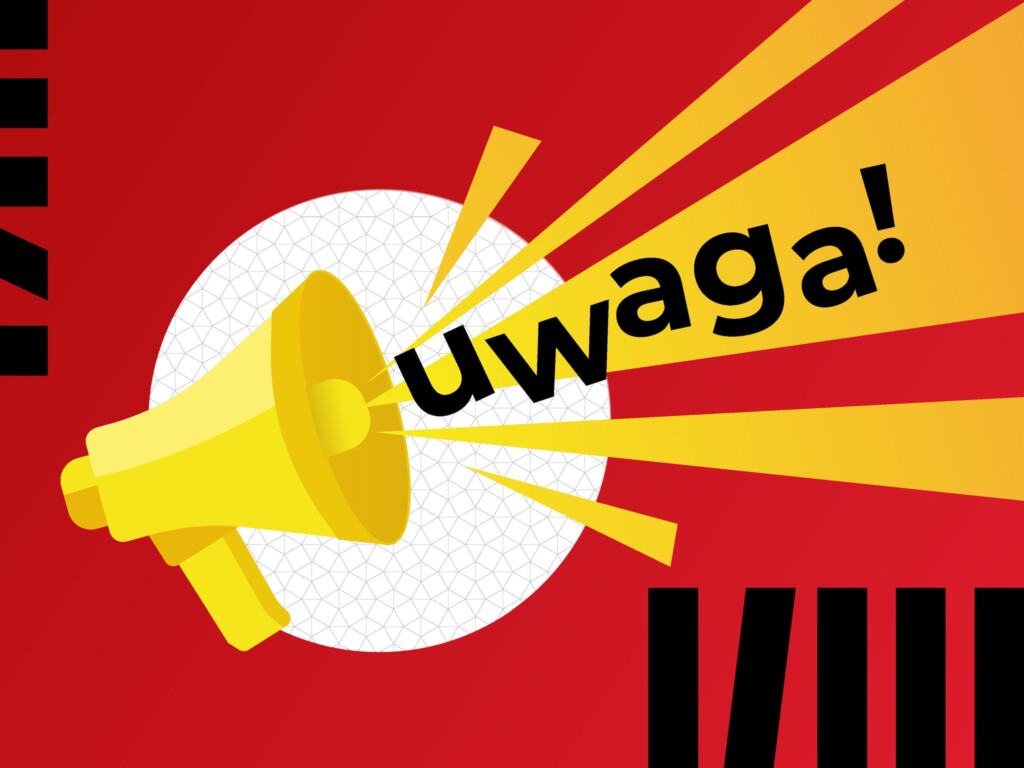 Żółty megafon, z którego wydobywa się głośny dźwięk z napisem "UWAGA!"