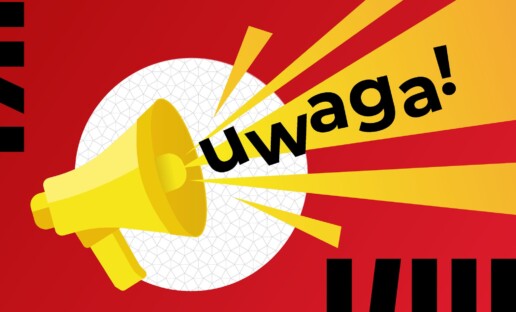 Żółty megafon, z którego wydobywa się głośny dźwięk z napisem "UWAGA!"