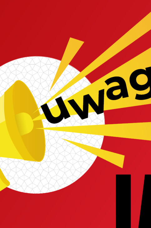 na czerwonym tle ż&oacute;łty megafon, z kt&oacute;rego wydobywa się dźwięk z napisem "Uwaga!"
