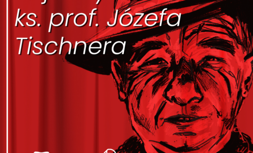 Grafika przedstawiająca rysunek twarzy Józefa Tischnera w kapeluszu. W tle kurtyna. Grafika w czerwonych barwach. U góry napis: "Bajkowy świat ks. prof. Józefa Tischnera". Na dole logotypy Stowarzyszenia KACK, Biblioteki Gdynia i przeglądu teatrów amators