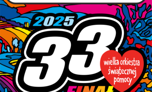 Na kolorowym tle logo 33. Finału Wielkiej Orkiestry Świątecznej Pomocy