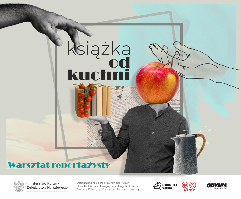 Człowiek z jabłkiem zamiast głowy, trzyma książki, na których wisi kiść pomidorów.