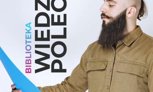 Grafika przedstawia brodatego mężczyznę trzymającego teczkę. Nad teczką znajduje się napis "Biblioteka Wiedzy poleca"