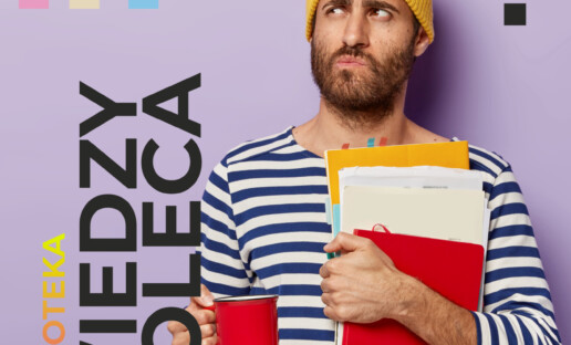 Baner cyklu Biblioteka Wiedzy Poleca z trzymającym książki mężczyzną w pasiastej koszulce i żółtej czapce.