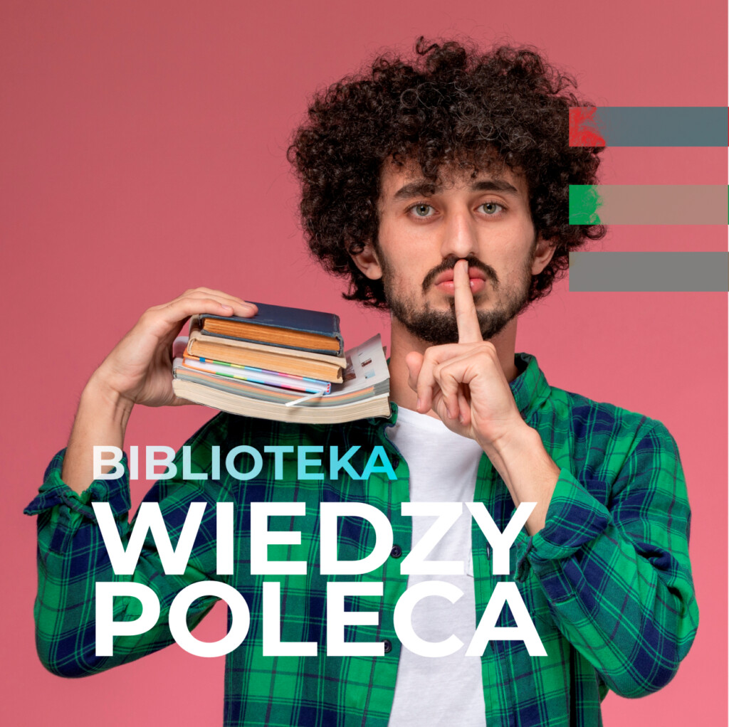 Mężczyzna trzyma książki na ramieniu i gestem prosi o ciszę