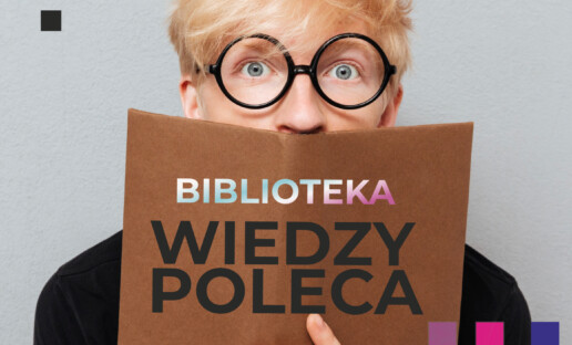 Baner cyklu Biblioteka Wiedzy Poleca z trzymającym otwartą książkę mężczyzną.
