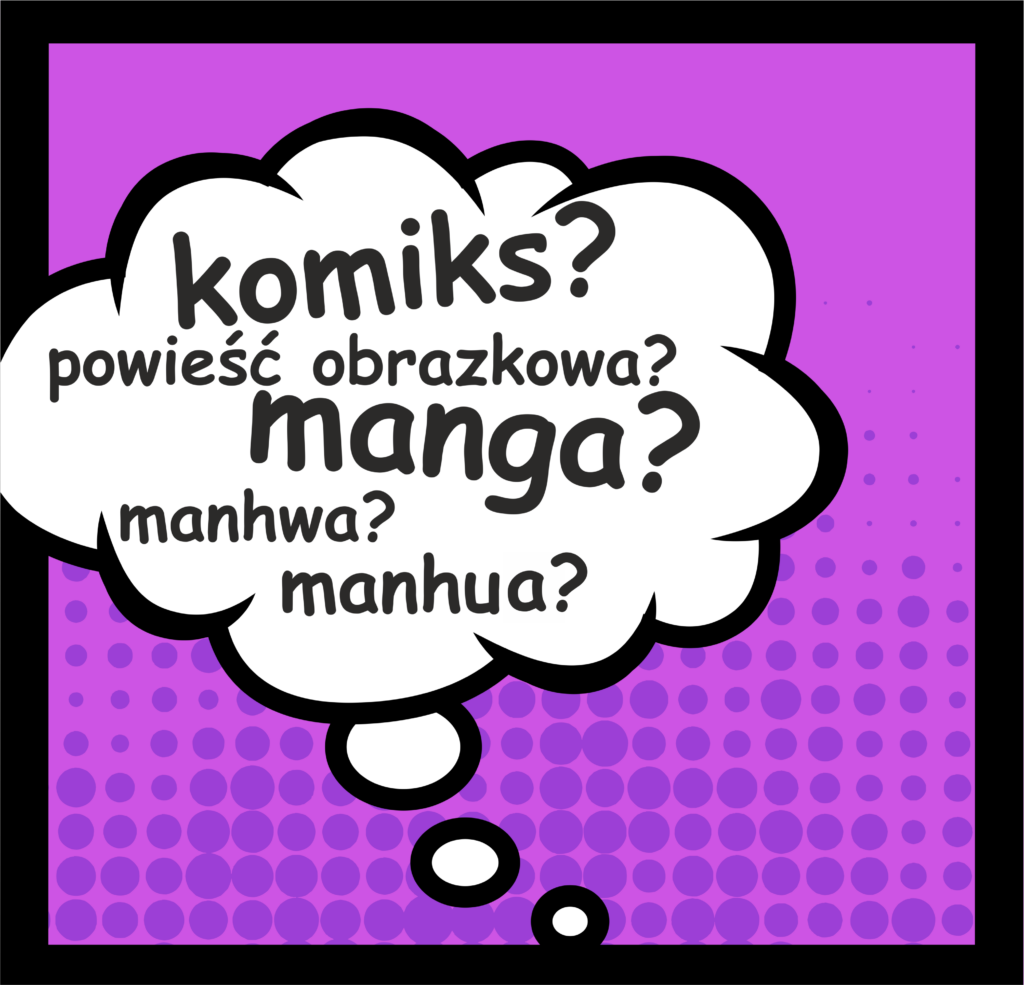 Na fioletowym tle komiksowy dymek z tekstem: "komiks? powieść obrazkowa? manga? manhwa? manhua?"
