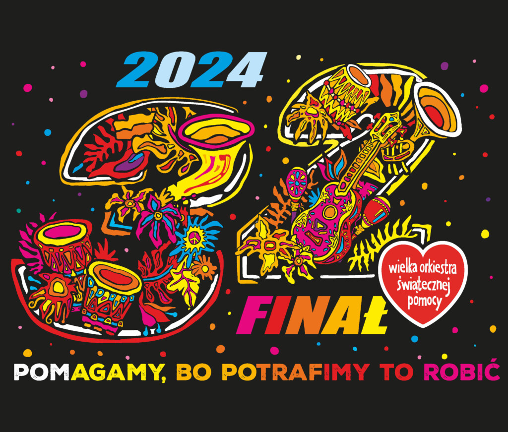 Czarne tło. Kolorowe gwiazdki. Na środku abstrakcyjny, kolorowy duży napis "32. finał". U góry niebieski napis: "2024". W prawym, dolnym rogu serduszko WOŚP. Na dole kolorowy napis "Pomagamy, bo potrafimy to robić".
