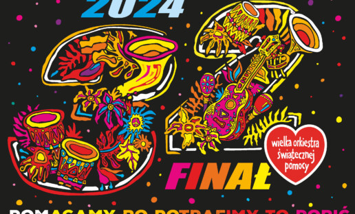 Czarne tło. Kolorowe gwiazdki. Na środku abstrakcyjny, kolorowy duży napis "32. finał". U góry niebieski napis: "2024". W prawym, dolnym rogu serduszko WOŚP. Na dole kolorowy napis "Pomagamy, bo potrafimy to robić".