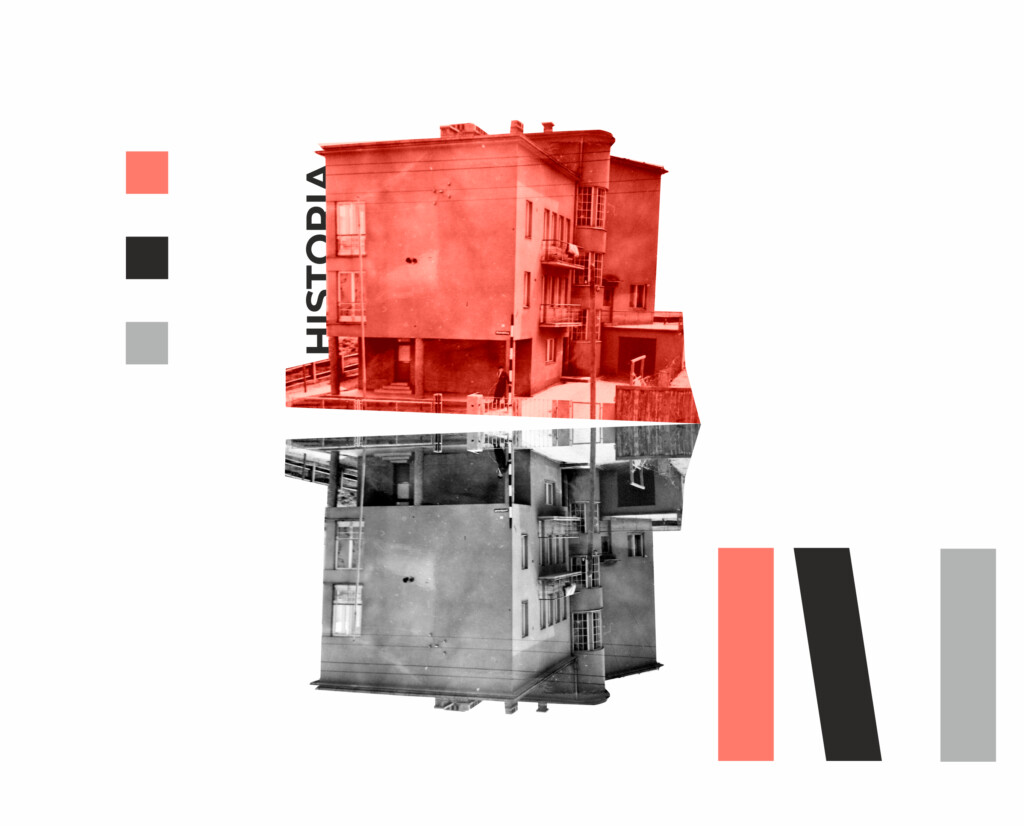 Stary budynek w lustrzanym odbiciu. Ma czerwony kolor, a jego odbicie - szary.