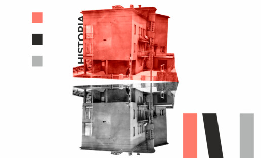 Stary budynek w lustrzanym odbiciu. Ma czerwony kolor, a jego odbicie - szary.